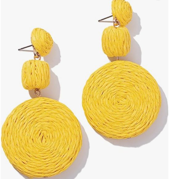 Chunky Yellow Rattan Earrings Wicker Bold Statement Raffia Dangle 80s Retro New - Picture 3 of 8